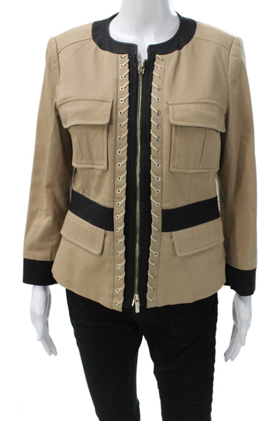 Etcetera Women Military Jacket Beige Zip Long Sleeve Size 8