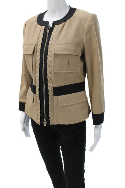 Etcetera Women Military Jacket Beige Zip Long Sleeve Size 8