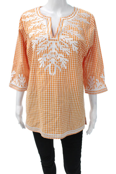 Gretchen Scott Womens Orange V-Neck Check Tunic Cotton 3/4 Sleeve Size M
