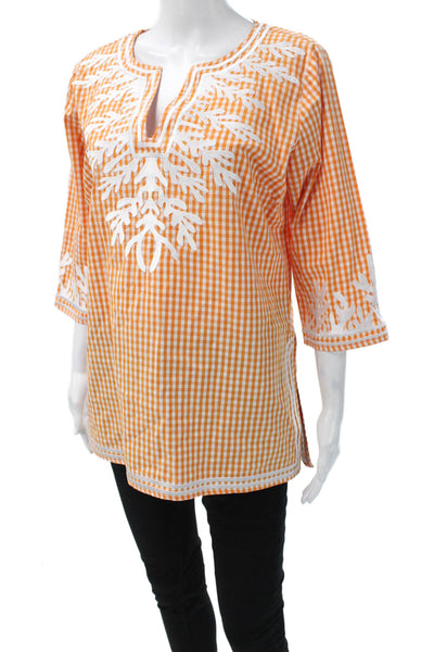 Gretchen Scott Womens Orange V-Neck Check Tunic Cotton 3/4 Sleeve Size M