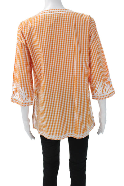 Gretchen Scott Womens Orange V-Neck Check Tunic Cotton 3/4 Sleeve Size M