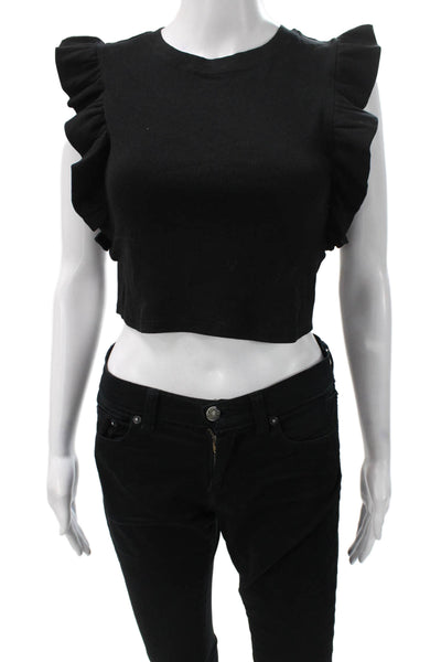Zara Womens Cropped Sleeveless Cotton Tank Black Crew Neck Size S