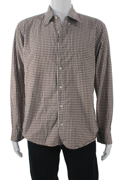 J Crew Mens Button Front Long Sleeve Collared Gingham Shirt Brown White Size XL