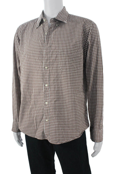 J Crew Mens Button Front Long Sleeve Collared Gingham Shirt Brown White Size XL