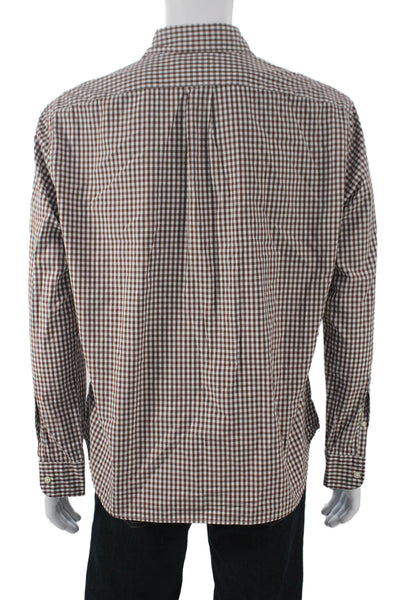 J Crew Mens Button Front Long Sleeve Collared Gingham Shirt Brown White Size XL