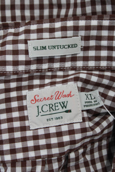 J Crew Mens Button Front Long Sleeve Collared Gingham Shirt Brown White Size XL