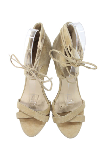 Plomo Womens Suede Lace-Up High Heeled Sandals Beige Size 8