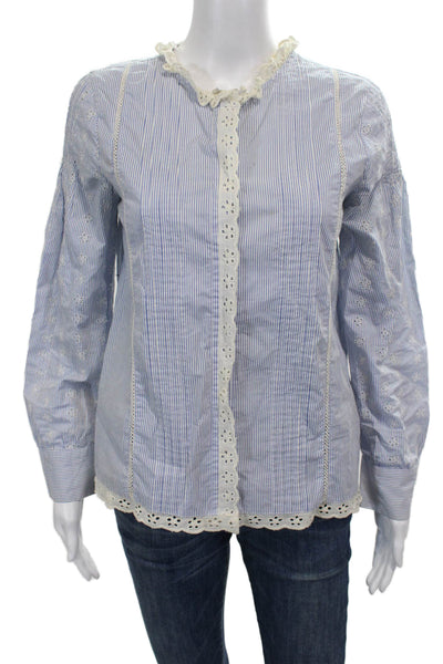 Zara Woman Women Striped Blue Cotton Button Long Sleeve Blouse Size S