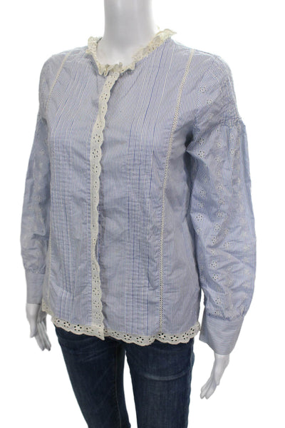 Zara Woman Women Striped Blue Cotton Button Long Sleeve Blouse Size S