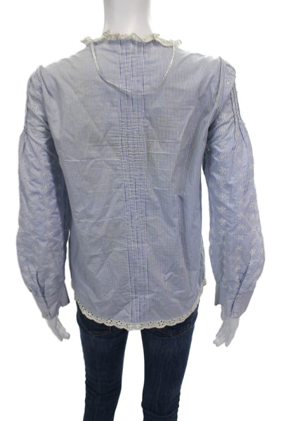 Zara Woman Women Striped Blue Cotton Button Long Sleeve Blouse Size S