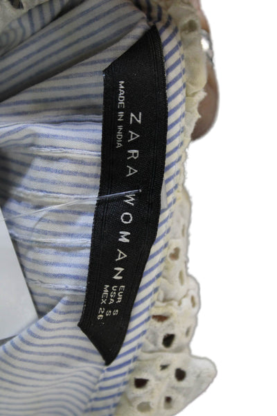 Zara Woman Women Striped Blue Cotton Button Long Sleeve Blouse Size S