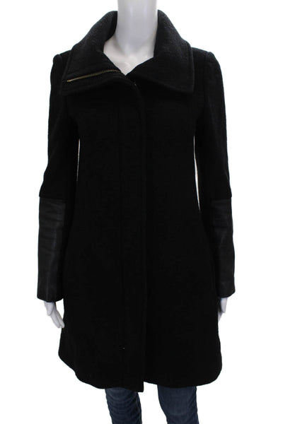 Club Monaco Women Black 100% Wool Overcoat Zip Front Size S