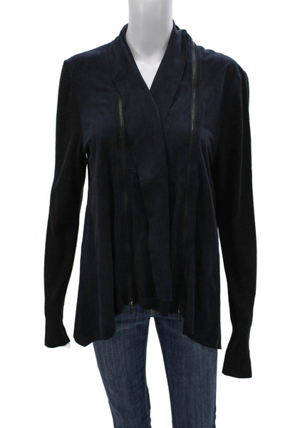 Designer Women Cardigan Goat Suede V-Neck Zip Front Blue Size L
