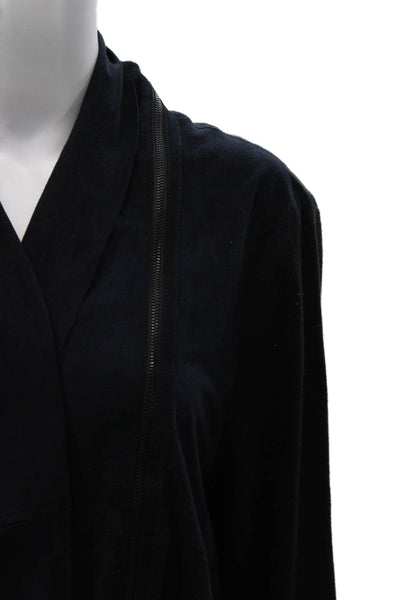 Designer Women Cardigan Goat Suede V-Neck Zip Front Blue Size L