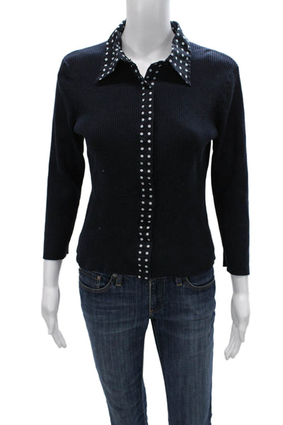 Carlisle Women Blue Cotton Collared Polka Dot Button-Up 3/4 Sleeve Basic Size M