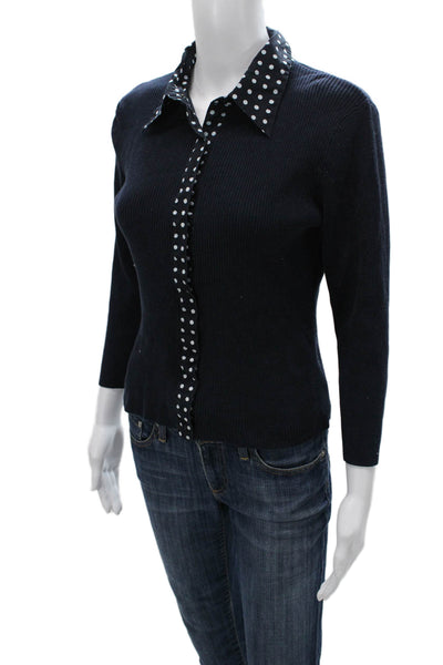 Carlisle Women Blue Cotton Collared Polka Dot Button-Up 3/4 Sleeve Basic Size M