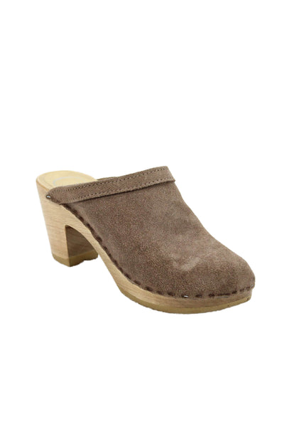 No 6 Womens Suede Wooden Heels Mules Clogs Shoes Brown Size 7