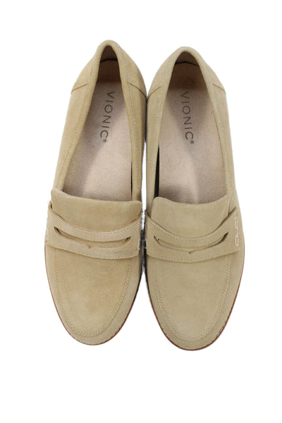 Vionic Womens Suede Low Wedge Heels Loafers Shoes Tan Size 7.5