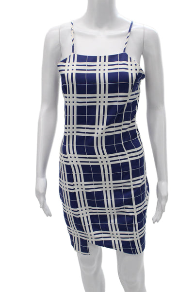 Style Stalker Women Mini Plaid Square Neck Sleeveless Blue Dress Size S