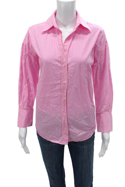 Zara Womens Basic Button-Up Pink Cotton Blend Collared Long Sleeve Size XS