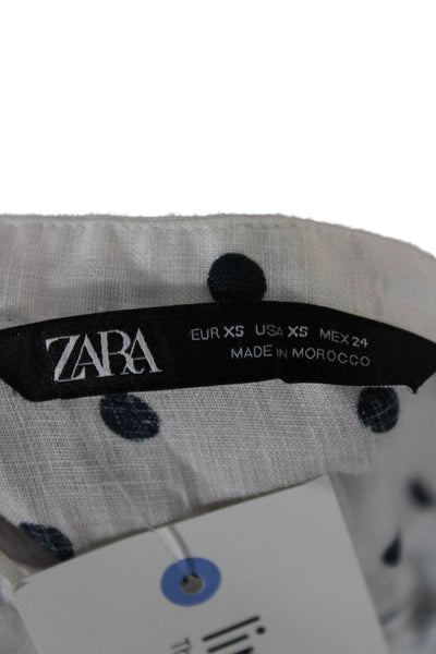 Zara Women Linen Polka Dot V Neck Long Sleeve Button Up Top Size XS