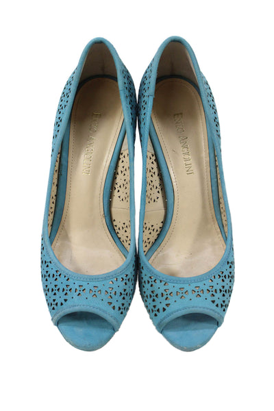 Enzo Angiolini Womens Leather Cut Out Open Toe Heels Blue Size 6.5M