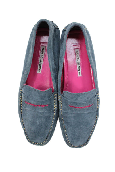 Manolo Blahnik Womens Suede Contrast Stitch Loafers Blue Size 8