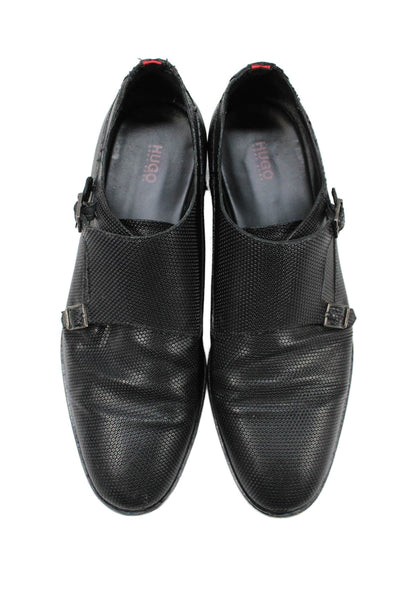 Hugo Hugo Boss Mens Round Toe Textured Leather Double Monk Oxfords Black Size 11