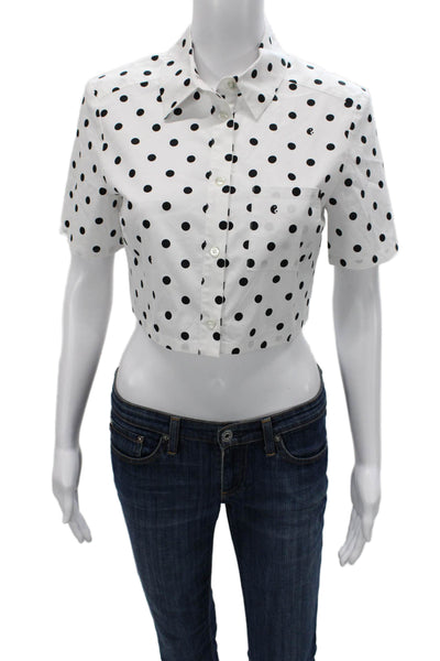 Staud Womens Cropped Polka Dot Button-Up White Collared Short Sleeve Size S