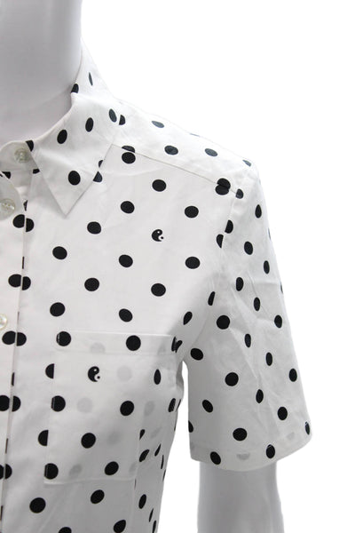 Staud Womens Cropped Polka Dot Button-Up White Collared Short Sleeve Size S