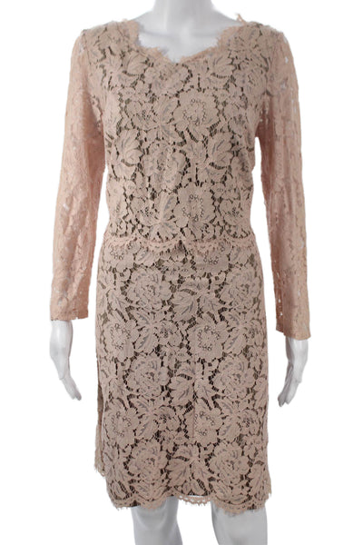 Vera Wang Women Sheath Dress Beige Floral Rayon V-Neck Long Sleeve Zip Size 12