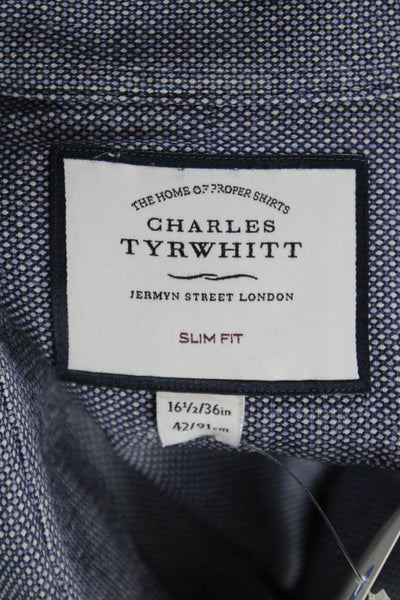 Charles Tyrwhitt Mens Blue Geometric Cotton Dress Shirt Collared Cuff Size 16.5
