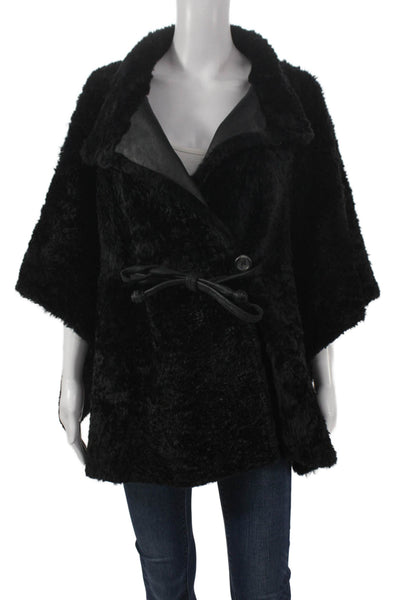 Designer Womens Basic Jacket Cape Shearling Black 3/4 Sleeve Button Size M