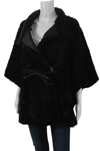 Designer Womens Basic Jacket Cape Shearling Black 3/4 Sleeve Button Size M