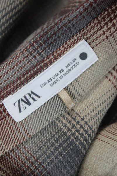 Zara Women Basic Collared Plaid Button-Up Long Sleeve 100% Cotton Size XS