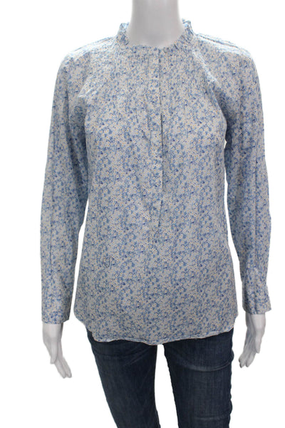 J Crew Women Basic Floral High Neck Button Cotton Blouse Long Sleeve Size XS