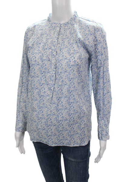 J Crew Women Basic Floral High Neck Button Cotton Blouse Long Sleeve Size XS