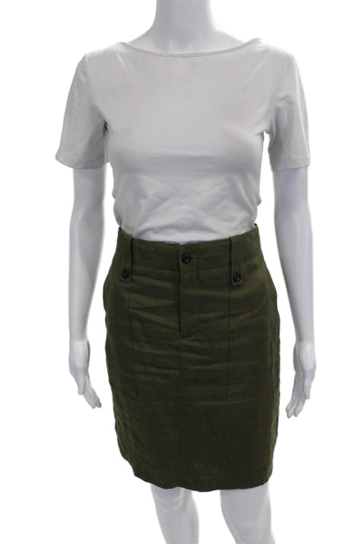 J Crew Womens Green Linen Pencil Skirt Button Solid Size 4P