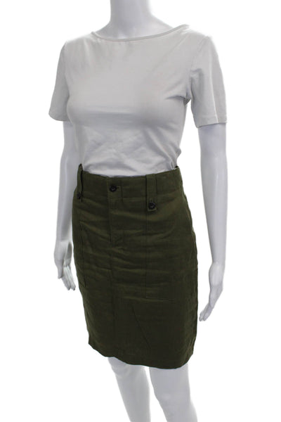 J Crew Womens Green Linen Pencil Skirt Button Solid Size 4P