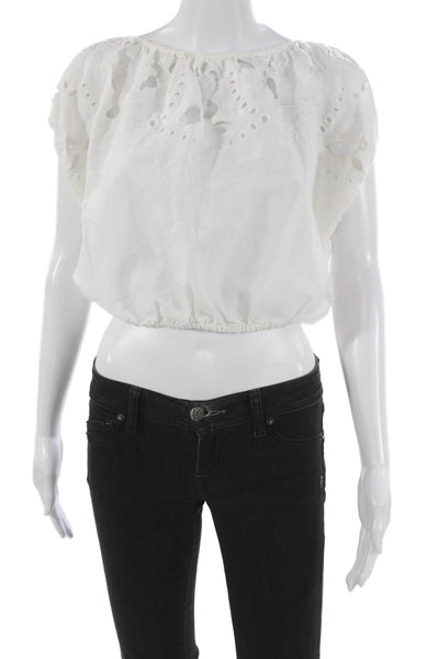 Unsubscribed Women Cropped Blouse White Boatneck Short-Sleeve Linen Size 2XS