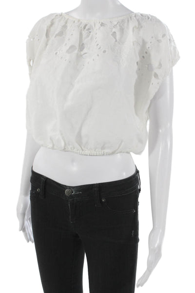 Unsubscribed Women Cropped Blouse White Boatneck Short-Sleeve Linen Size 2XS