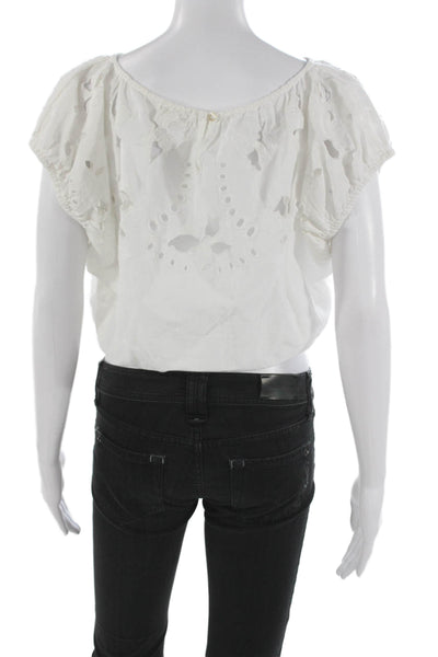 Unsubscribed Women Cropped Blouse White Boatneck Short-Sleeve Linen Size 2XS