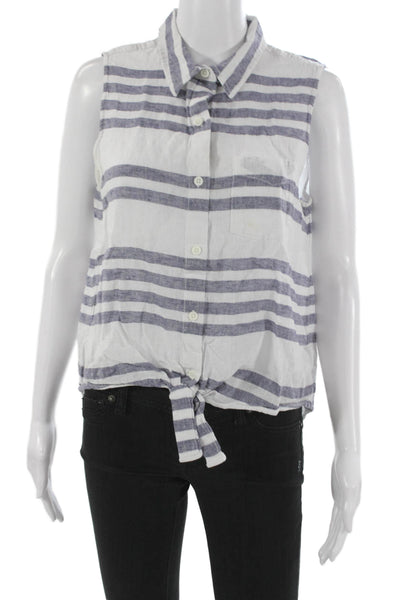 Beach Lunch Lounge Women Sleeveless Striped Linen Collared Button Up Top Size M