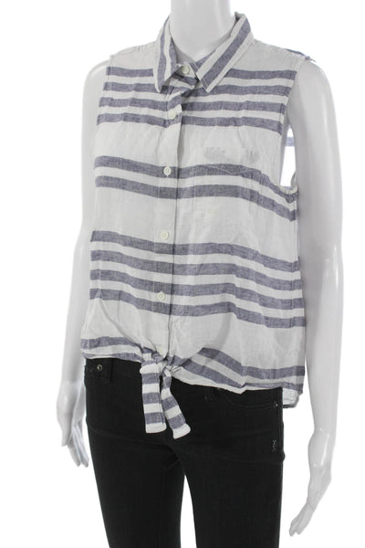 Beach Lunch Lounge Women Sleeveless Striped Linen Collared Button Up Top Size M