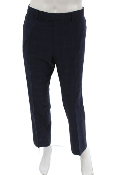 Theory Mens Dress Pants Blue Check Virgin Wool Zip Size 34