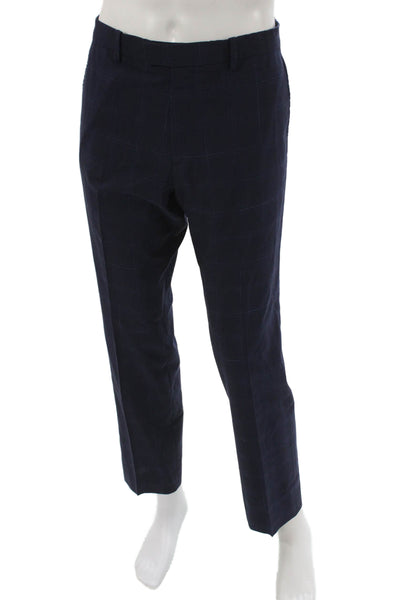 Theory Mens Dress Pants Blue Check Virgin Wool Zip Size 34