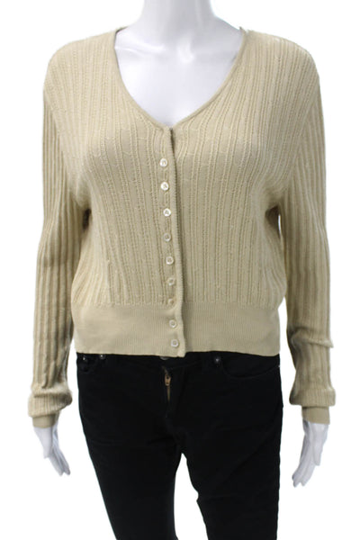 Tahari Womens Silk V Neck Cardigan Beige Long Sleeve Size L