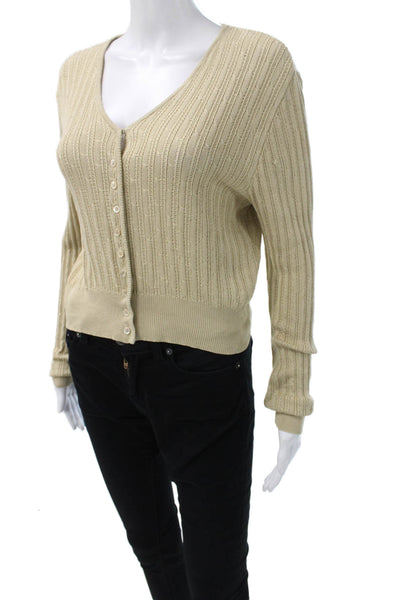 Tahari Womens Silk V Neck Cardigan Beige Long Sleeve Size L