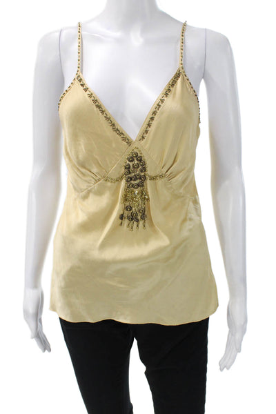 Hale Bob Women Beige Silk V-Neck Camisole Bohemian Sleeveless Size M
