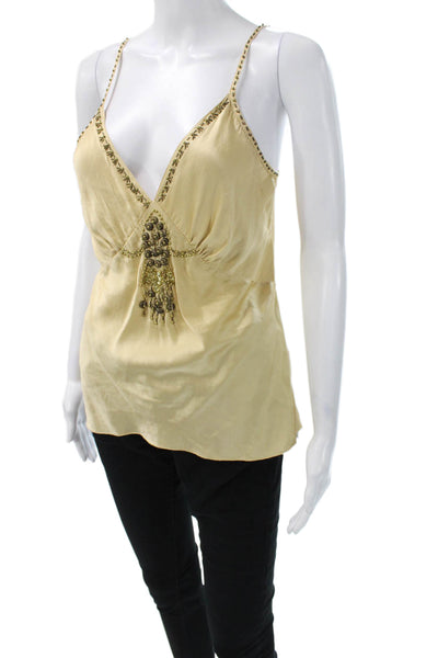 Hale Bob Women Beige Silk V-Neck Camisole Bohemian Sleeveless Size M